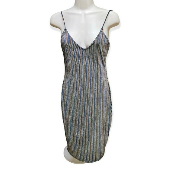 Y2K 90s MIND CODE Disco Bodycon Dress Size L Junior Shimmer Striped Sexy Midi - Picture 1 of 7